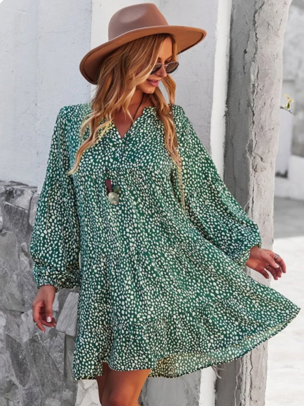 Long Sleeve Mini Dress: Green Printed Tunic Casual Loose V-Neck Fall Flowy